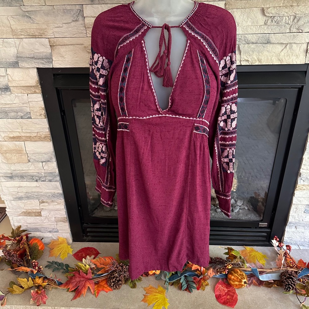 Anthropologie Free People Large All My Life Wine Boho Embroidered Dress Festival